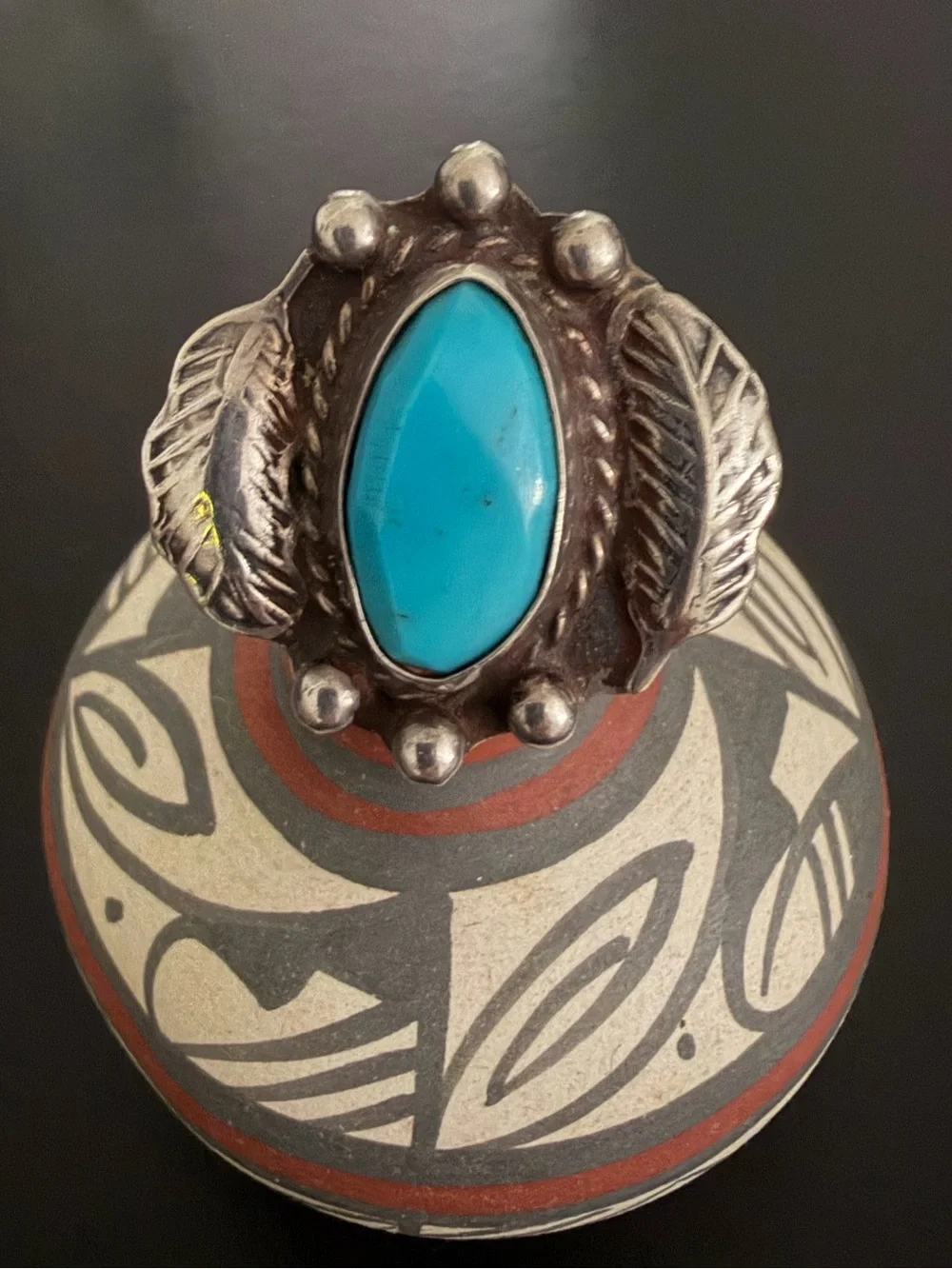 Vintage Navajo Diné Sleeping Beauty Turquoise Sterling Silver Feather Ring 6